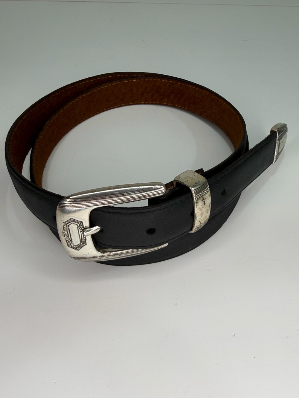 Vintage Dockers USA Black Leather Western Belt 34 Silver Tip Y2K